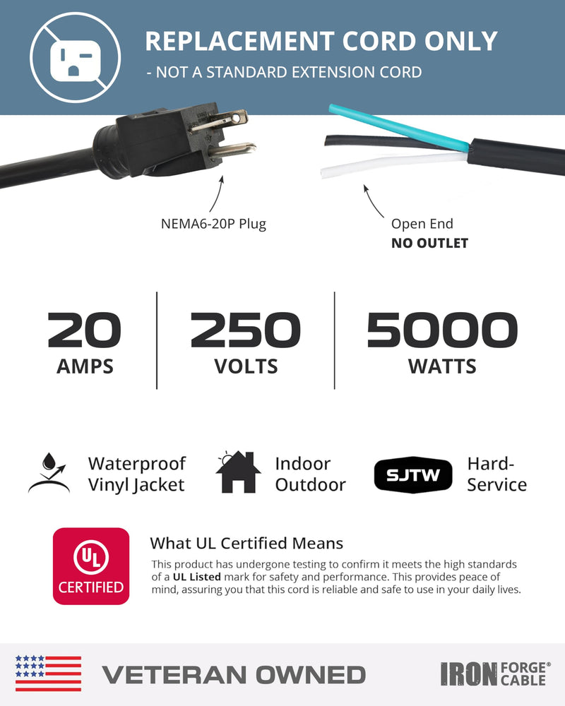 Iron Forge Cable NEMA 6-20P Replacement Power Cord 6 ft - 20 Amp Extension Cord Heavy Duty Outdoor 12 Gauge SJTW 250V