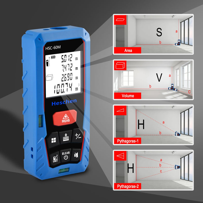 Heschen Laser Distance Meter, HSC-60M, 60m 196ft, with 2 Bubble Levels, Portable Laser Rangefinder Digital Distance Meter, for Measuring Distance, Area, Volume