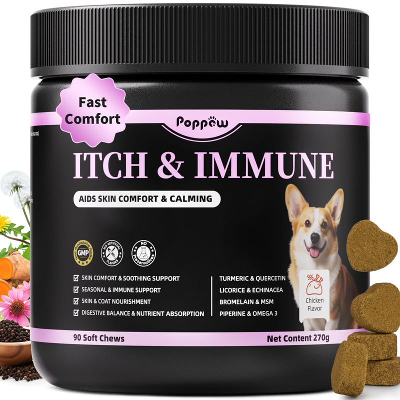 Itch Relief for Dogs - Turmeric Supplements for Itching Skin Comfort & Coat Health & Seasonal Allergy Care, Immune Support Supplement with Omega-3 Fish Oil, Biotin - Chicken Flavor - 90 Count 90 Count (Pack of 1)