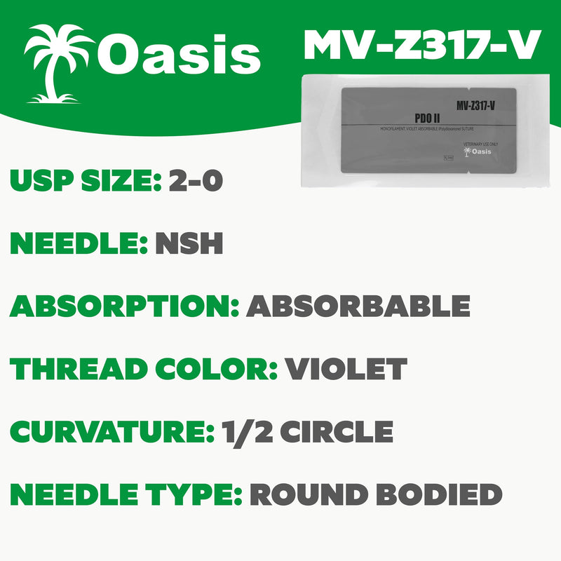 Oasis Vet PDO (Polydioxanone) Surgical Suture, 2-0, (SH) 1/2 26mm Round Bodied Needle, 75cm, 12/Box, Veterinary Use