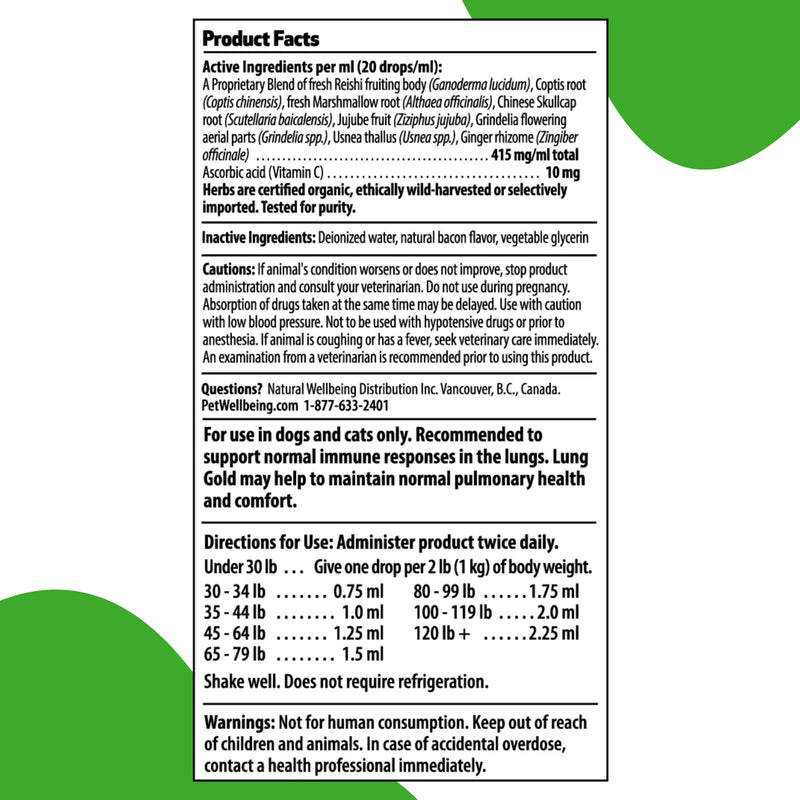Pet Wellbeing Lung Gold for Dogs - Lung Immune Support, Lower Respiratory Health, Open Airways, Normal Breathing, Reishi, Coptis - Veterinarian-Formulated Herbal Supplement 2 oz (59 ml) 2 fl oz (59 ml)