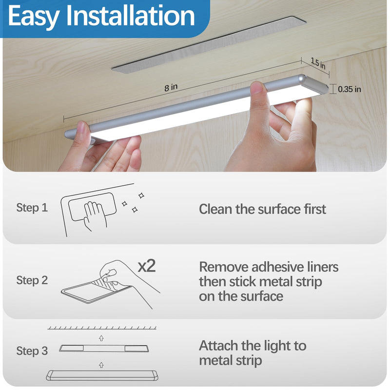 30-LED Motion Sensor Under Cabinet Lights, Magnetic Rechargeable Under Counter Closet Light, Wireless Night Light Bar Stick-On, 2-Pack, Cool White 8 inch
