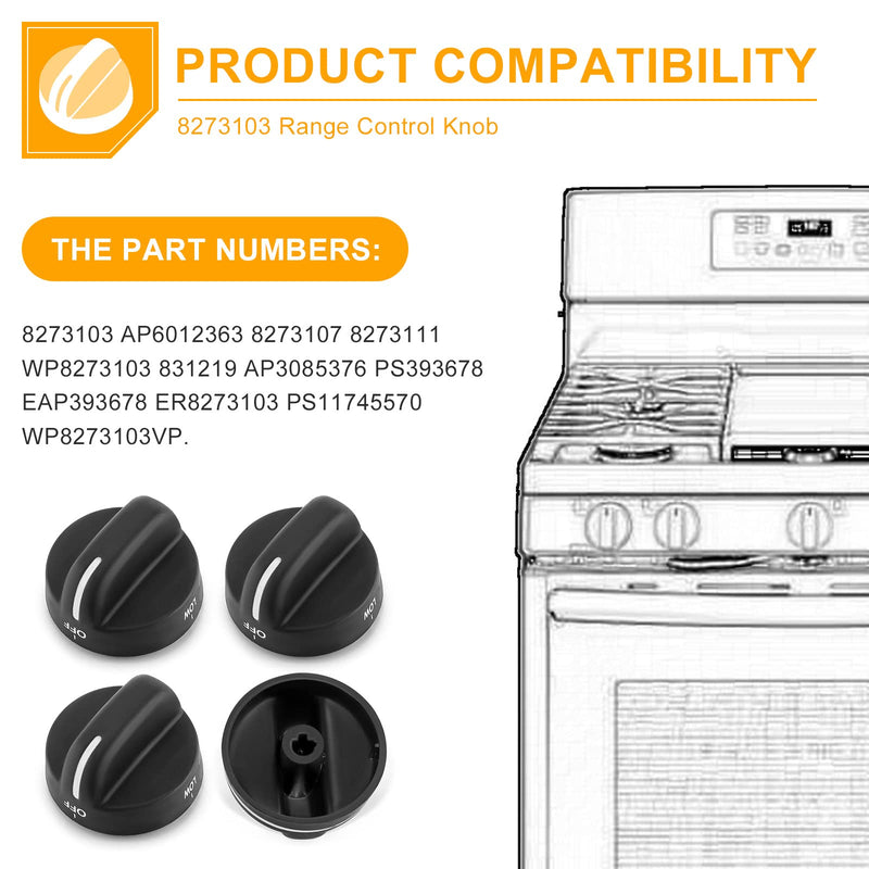 8273103 Gas Range Stove Knobs Fit for Whirlpool Stove Knobs Replacements AP6012363 8273107 8273111 ER8273103 (4-Pack,Black) for Whirlpool Range/Oven PS11745570 PS11745570 WP8273103VP 4pcs black