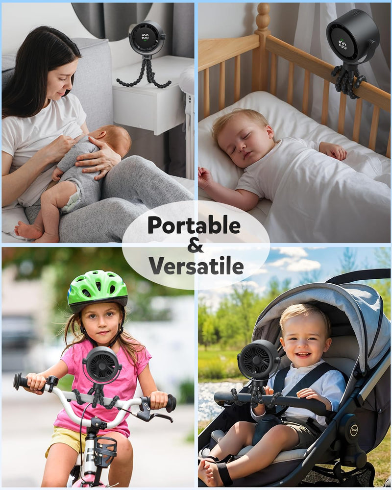 AMACOOL Baby Stroller Fan, Rechargeable Portable Clip on Fan, 17H Cooling with 5 Speeds, LED Display, 360°Rotate Personal Cooling Fans for Car Seat, Crib, Travel, Camping, Gifts for New Parents Black