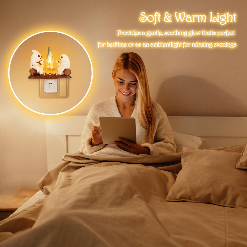 Ghost Campfire Flickering Night Light, 3D Small Electric Faux Campfire Night Light,Ghosts Campfire Flicker Flame Nightlight, 5in LED Campfire Night Lights Funny Halloween Decor