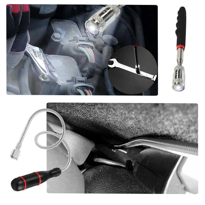 Telescoping Magnetic Pickup Tool Set,Telescopic Inspection Mirror,Flexible Bendable Spring Magnet Stick,LED Flashlight Pickup Rod, Cool Gadgets for Men