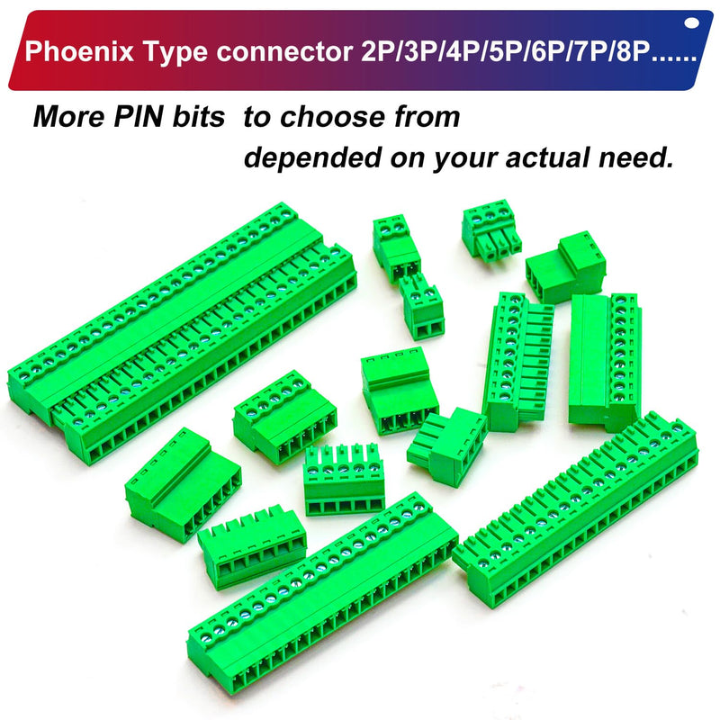 Tcenofoxy 3.81mm Male & Female 2/3/4/5/6/7/8/9/10/11/12/13/14/15/16/18/20/24 Pin Phoenix Connector No Soldering Green PCB Screw Terminal Block Connector (2Sets 3.81MF-6Pin) 3.81MM-6P-2Sets