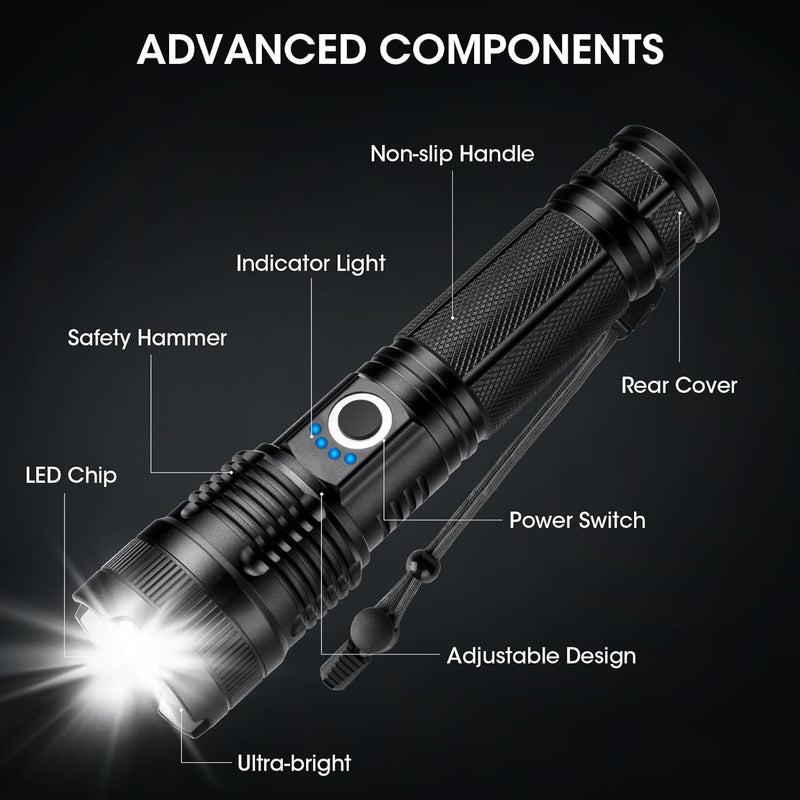 3 Pack Rechargeable Flashlight High Lumens, 99,000 Lumens Super Bright LED Flashlights with Adjustable Focus, 5 Modes, IPX7 Waterproof Powerful Flashlight for Camping, Hiking, Home