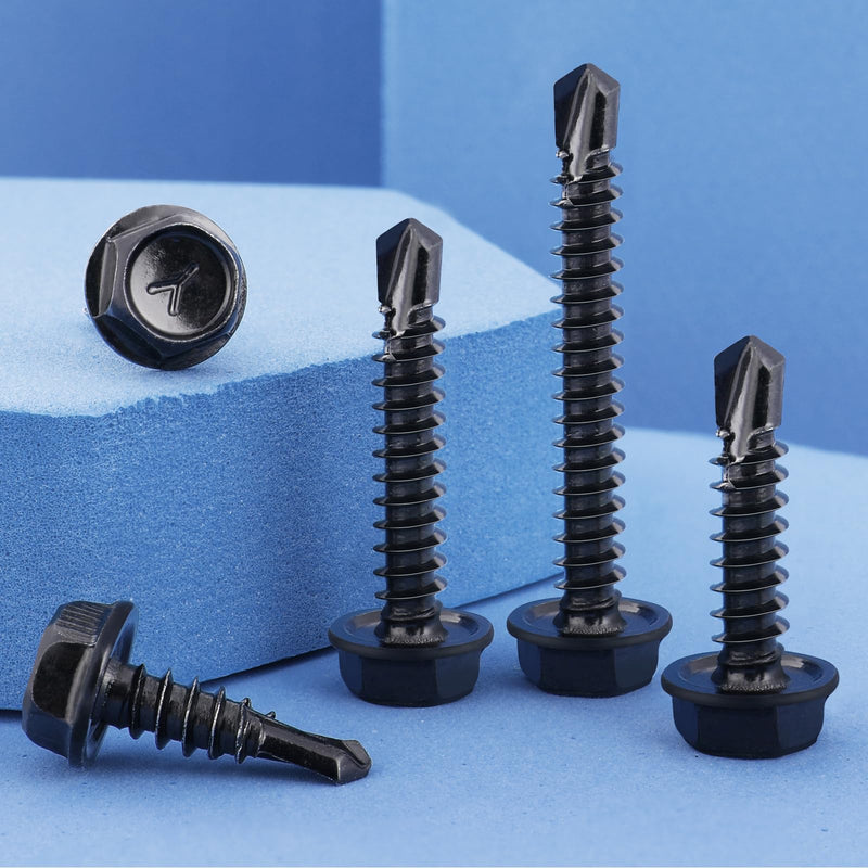 150Pcs Self Drilling Screws Assortment Kit, 410 Stainless Steel Self Tapping Sheet Metal TEK Screws, Black Zinc Plated, #8 1/2" 3/4" #10 1" 1-1/2", Hex Washer Head