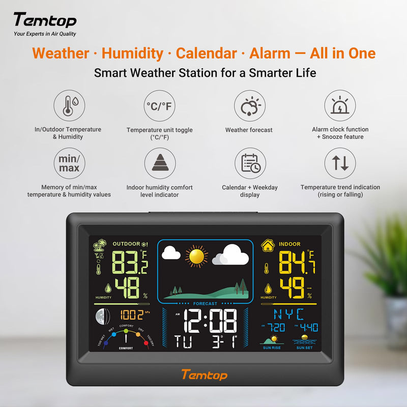 Temtop Multifunctional Weather Station with Indoor/Outdoor Temperature, Humidity, Atmospheric Pressure, Weather Forecast, Moon Phase, and Alarm Features, W100 Lite