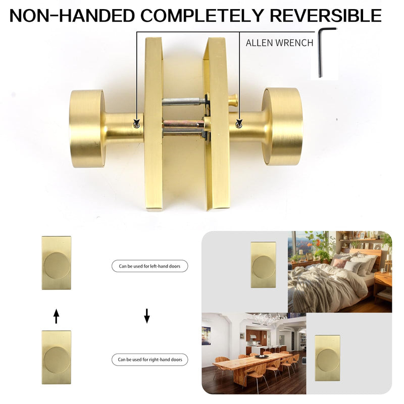 Brushed Satin Brass Golden Privacy Door Knob with Reversible Keyless Push Lock Modern Rectangle Interior Handle for Bedroom Bathroom, Heavy Duty & Easy Installation (Golden Long Plate Lock) Golden Long Plate Lock