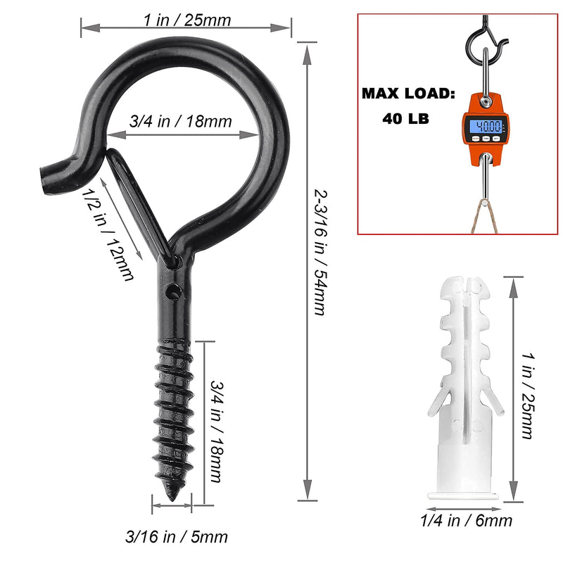 PlusRoc 20 Pack Screw Hooks for Outdoor String Lights, Heavy Duty 2.2 Inch Black Eye Hook Cup Hook Q-Hanger for Hanging, Wall Wood Ceiling Deck Mount
