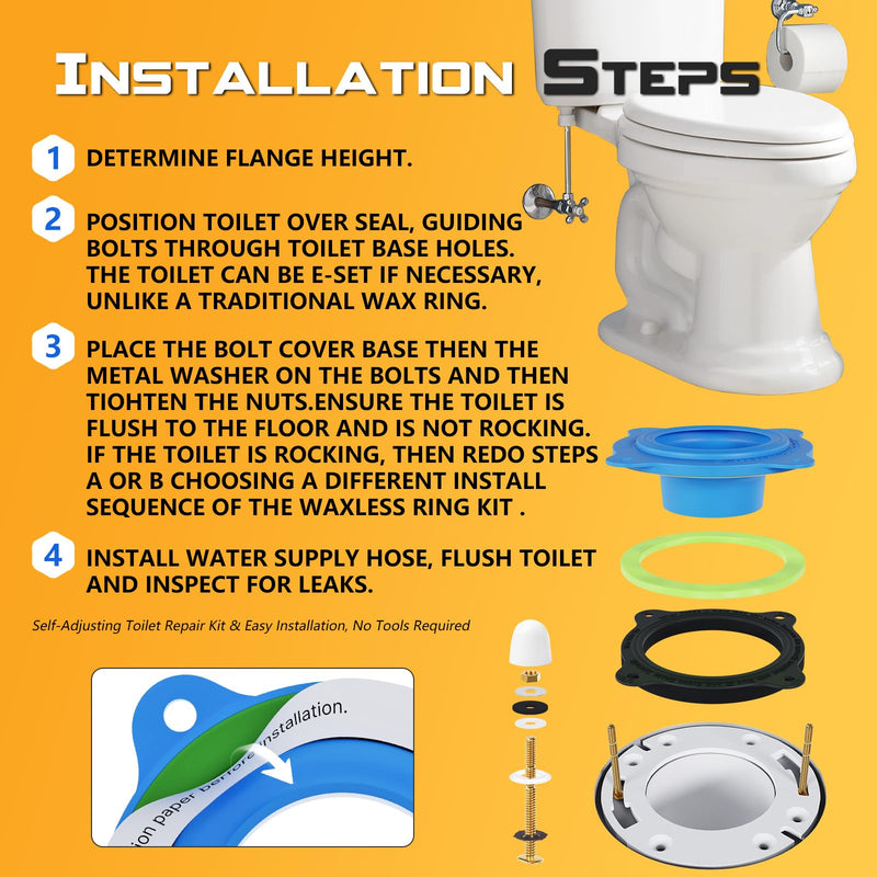 Toilet Flange Repair Kit, Universal Toilet Seal Parts For Wax Seal, Rubber Gasket Ring, Wax-Free Toilet Bowl Replacement kit Include Premium Nuts, Washers, 3.26Inch Bolts, Bolt Caps Blue