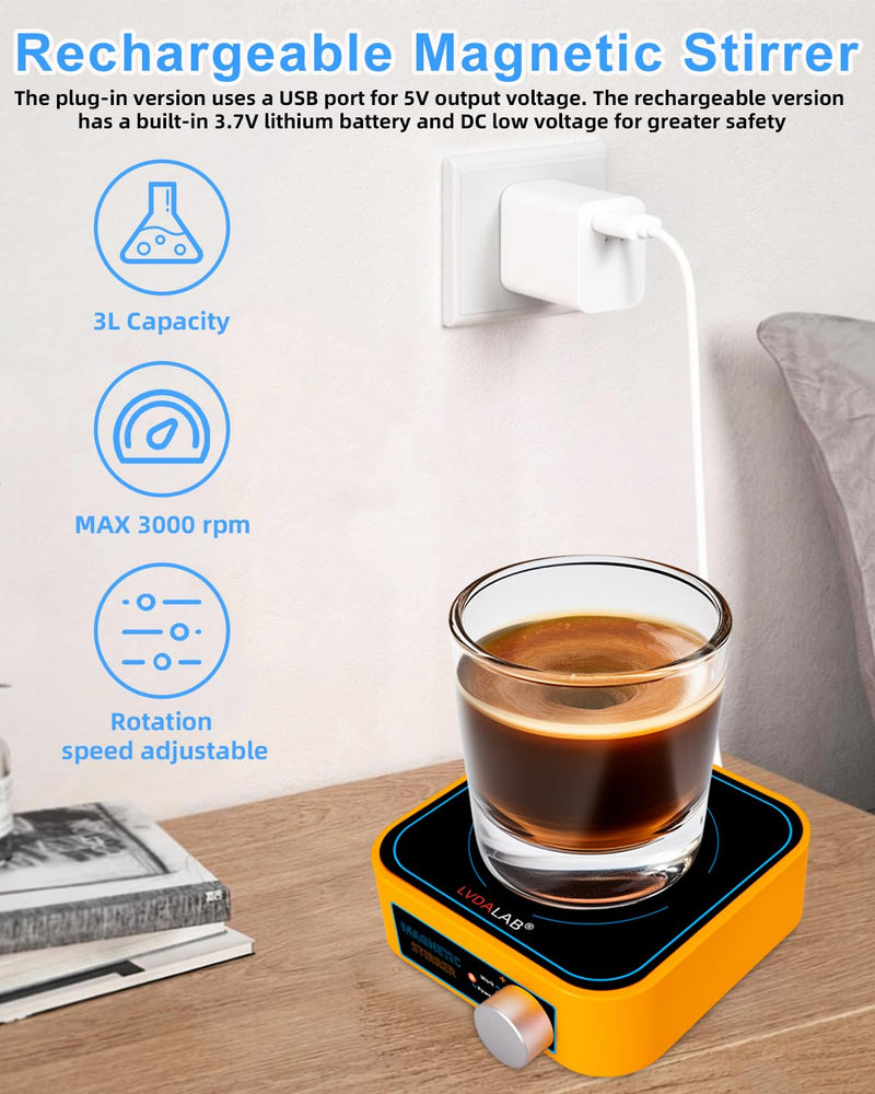 Rechargeable Magnetic Stirrer Cordless Stir Plate, Portable Lab Mixer for Low Viscosity Liquid w/Built-in Battery, 3000ml 3000RPM, No Heating, 3 Stir Bars & 1 Retriever Included - Yellow Portable (Rechargeable)