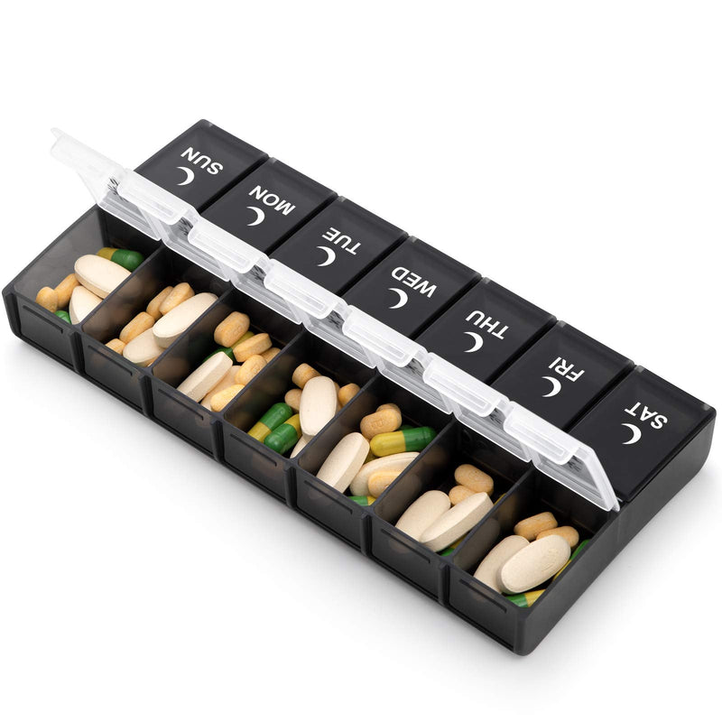 7 Day Pill Organizer 2 Times a Day, Large Weekly AM PM Pill Box, Day Night Medicine Organizer, Pill Case Twice A Day, Pill Container Black and White