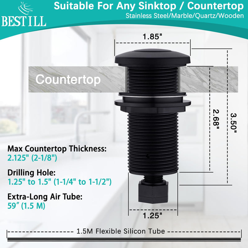BESTILL Sink Top Garbage Disposal Air Switch Button with Air Hose, Matte Black (Long Button with Brass Cover) ABS Plastic Long-3.5"