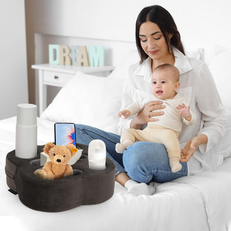 Couch Cup Holder Pillow, Sofa Organizer Caddy Bed Refreshment Tray for Drinks, Remotes, Phones, Snacks (Soot) 12*12*3.7 Inch Soot