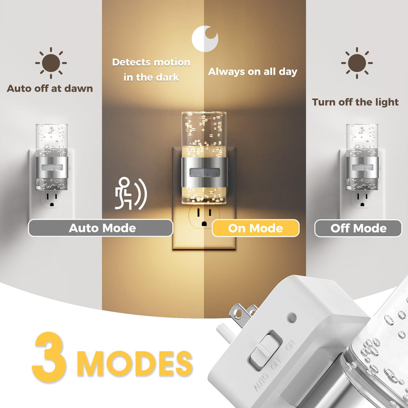 L LOHAS LED Motion Sensor Night Light,Dimmable Night Lights Plug into Wall, 2 Pack 3000K Night-Lights with 0-100 LM Adjustable, Acrylic Bubble Plug in Nightlight for Bathroom Hallway Nursery Sliver-motion sensor
