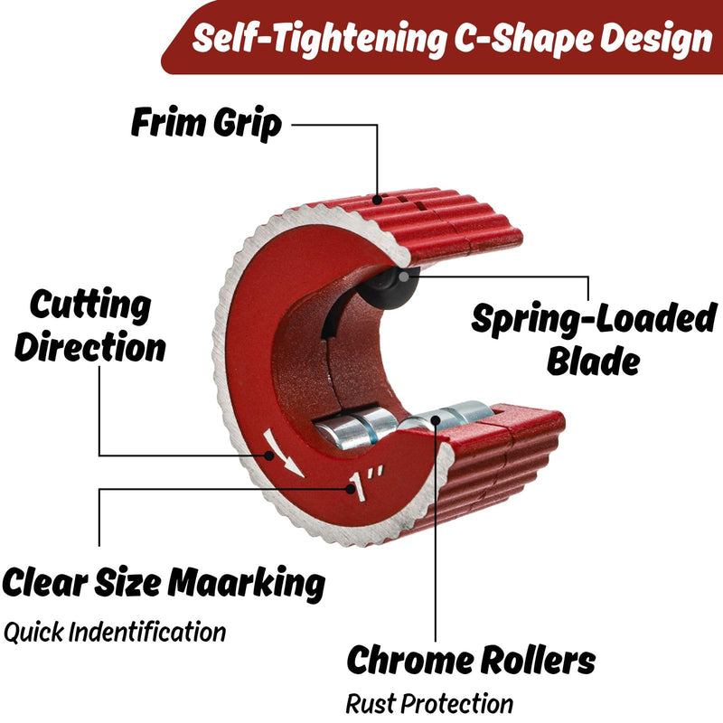 YOUEON Tubing Cutter Set, 6-Piece Copper Pipe Cutter Kit with Self-Tightening C-Shape Cutters (1/2", 3/4", 1"), Deburring Tool with 2 Extra Blades for PVC, Copper, and Aluminum Pipes