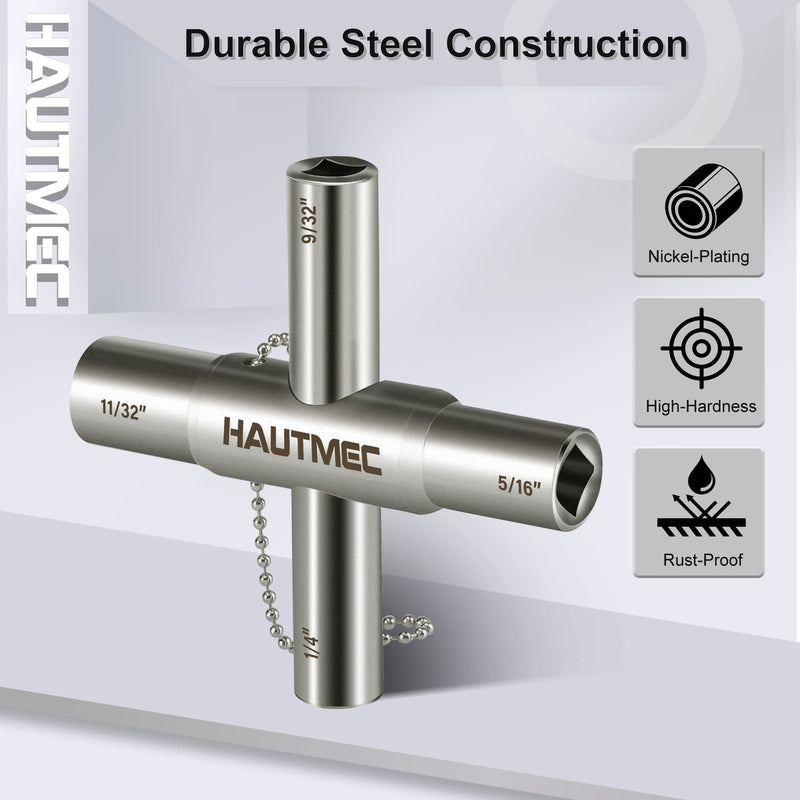 HAUTMEC 4 Way Sillcock Water Key，1/4", 9/32", 5/16", 11/32" Steel Multi-Function Utility Key for Sillcocks Faucets Valves Spigots PL0028 1 Pack Silver