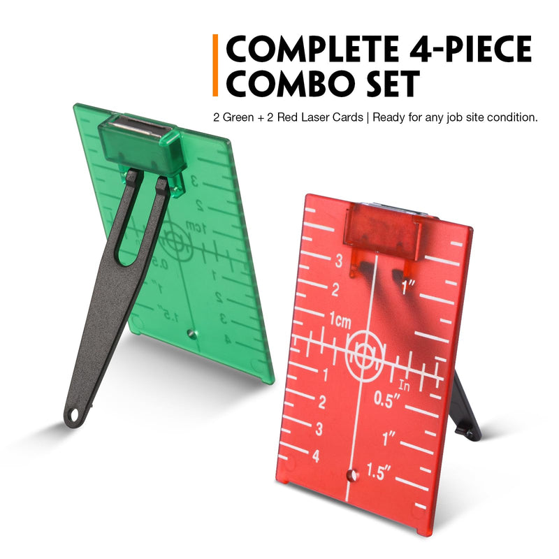 Laser Target Plate Card Set, 4-Pack Magnetic Floor Laser Target with Stand, Green and Red Laser Plates Enhances Visibility 1.3X, Dual Scale Alignment for Rotary & Cross Line Laser Level