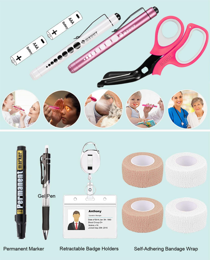 MEUUT 15 pcs Stethoscope Case Kits, Perfect Nurse Gift First Aid Kit with Stethoscope Case, Penlights, Bandage Wraps, Badge Holders, Medical Scissors PU_Raspberry