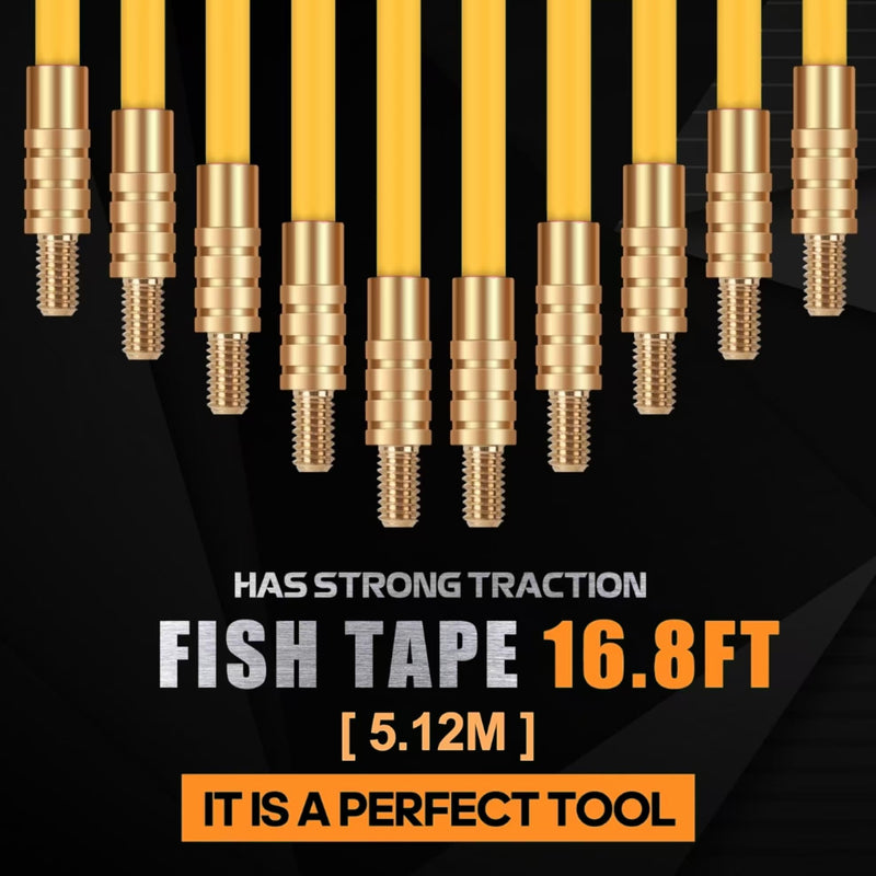 16.8FT Fiberglass Running Electrical Wire Cable Glow Rods Wire Pulling, Fish Rods Electrical Kit with 6 Different Attachments and Fish Tape Wire Puller Kit (Yellow) 16.8FT