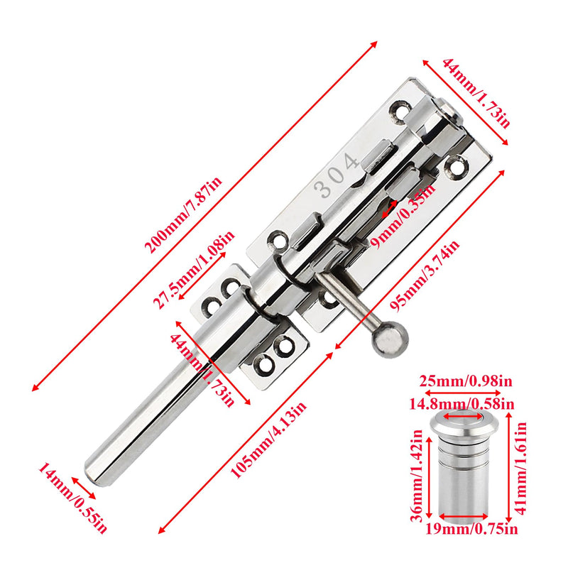 Slide Bolt Gate Latch Solid Gate Lock Heavy Duty 304 Stainless Steel Barrel Bolt Lock Security Guard Door Latches Thickened Gate Hardware with Dust Canister for Barn Fence Shed Basement 2pc 8in
