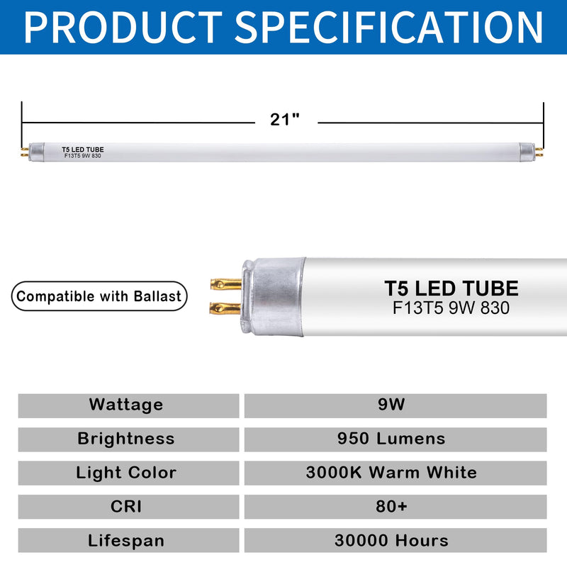 6 Pack 21 Inch F13T5/WW LED Replacement Bulbs, 3000K Warm White, T5 LED 9 Watts Replace Fluorescent Bulb with LED, Replacement Tube for Counter and Cabinet Fixture 6 Pack