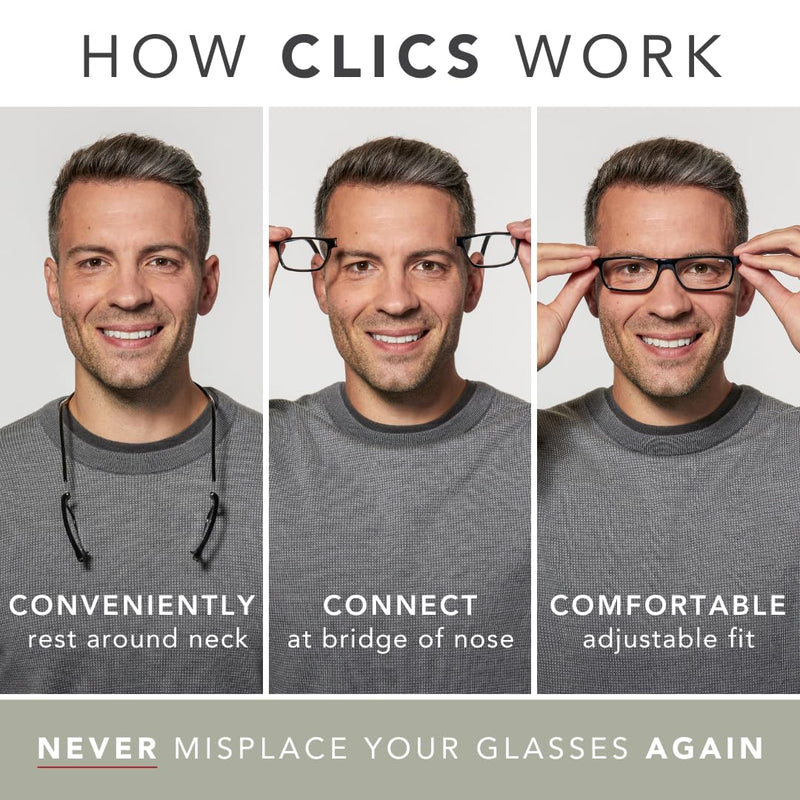Clic Magnetic Reading Glasses for Men or Women, Computer Readers, Original Long Black 1.75 x
