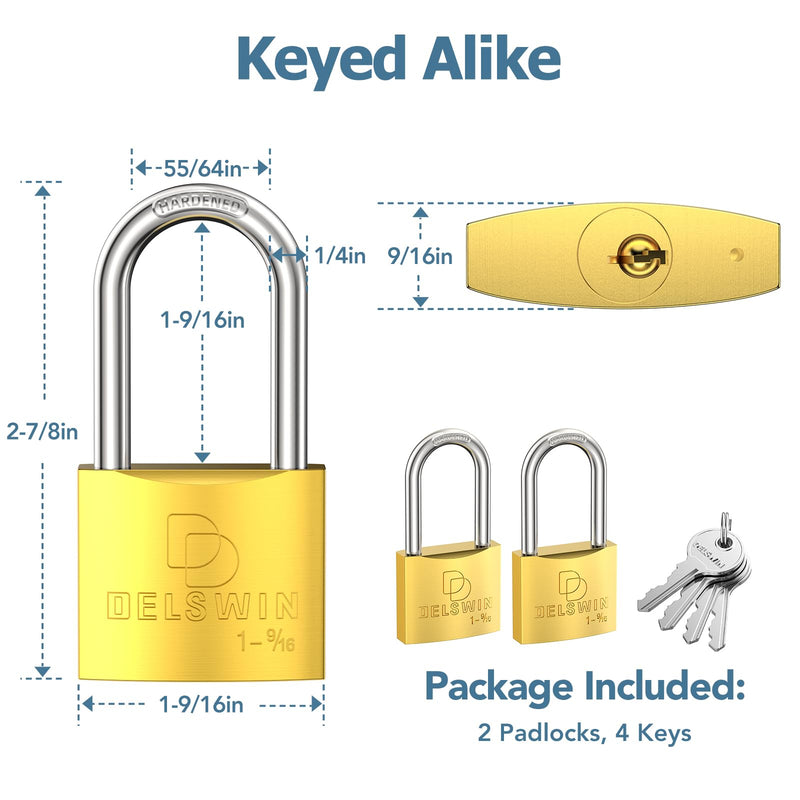 DELSWIN Weatherproof Padlock with Key - Heavy Duty Gym Locker Lock with 1-9/16" Solid Brass Lock Body, Hardened Steel Shackle, Marine Grade Pad Lock for Outdoor Gate, Fence, Shed (Keyed Alike, 2 Pack) 2Pcs Keyed Alike