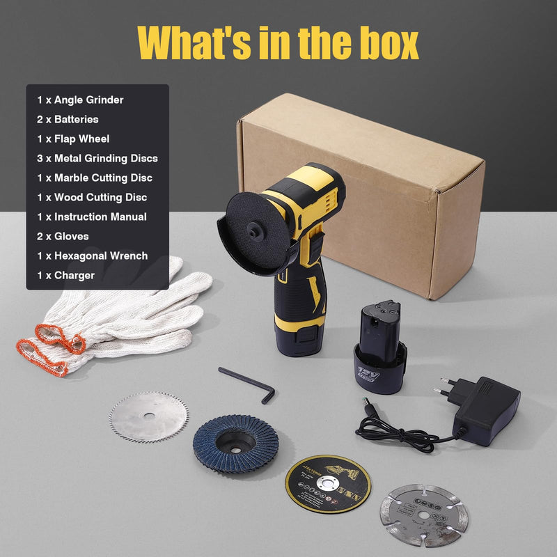 Mini Angle Grinder Kit,19500RMP Cordless Angle Grinding Tool with 2x2000mAh Batteries and 6PCS Discs,Brushless Power Grinder for Brick Wood Steel Stone