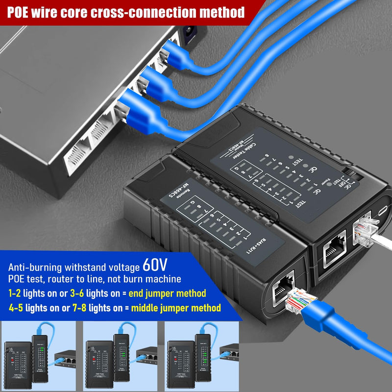 NF-468CS Network Cable Tester Ethernet Cable Wire Tester with Continuity Test for RJ45/RJ11/RJ12/POE/CAT3/CAT5/CAT5E/CAT6/CAT6A UTP/STP LAN and Telephone Line Testing Tool 468CS