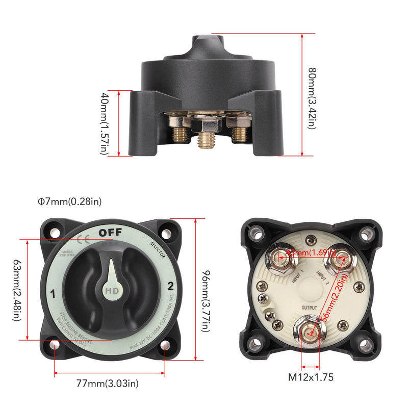 Acouto 500A Battery Disconnect Switch 3 Position Battery Power Cut Off Switch IP66 Waterproof Ignition for RV Boat Marine