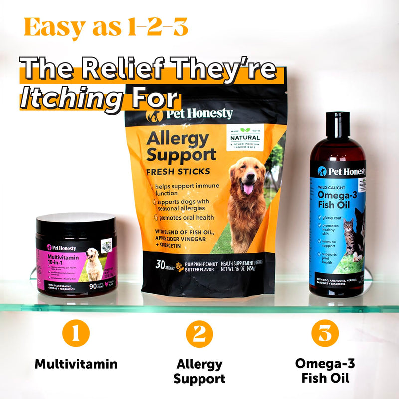 Dog Allergy Relief Dental Sticks - Seasonal Allergies + Itchy Skin Support Chews - Plaque and Tartar Remover for Dogs Teeth Cleaning Treats with Colostrum + Omega 3 - Pumpkin Peanut Butter (30 Ct)