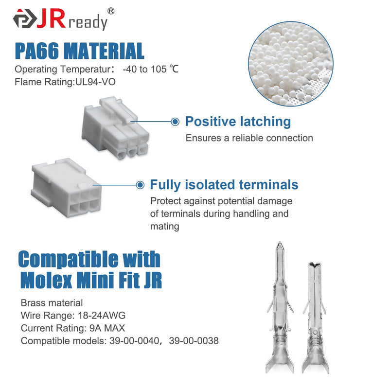 JRready ST6490 Dual Row 2 4 6 8 Pin Connector kit,w/Terminal Pin 18-24 AWG,Molex Extraction Tool,Compatible with Molex Mini-Fit Jr. Connector,4.2mm Pitch,Free Hanging Free Hanging