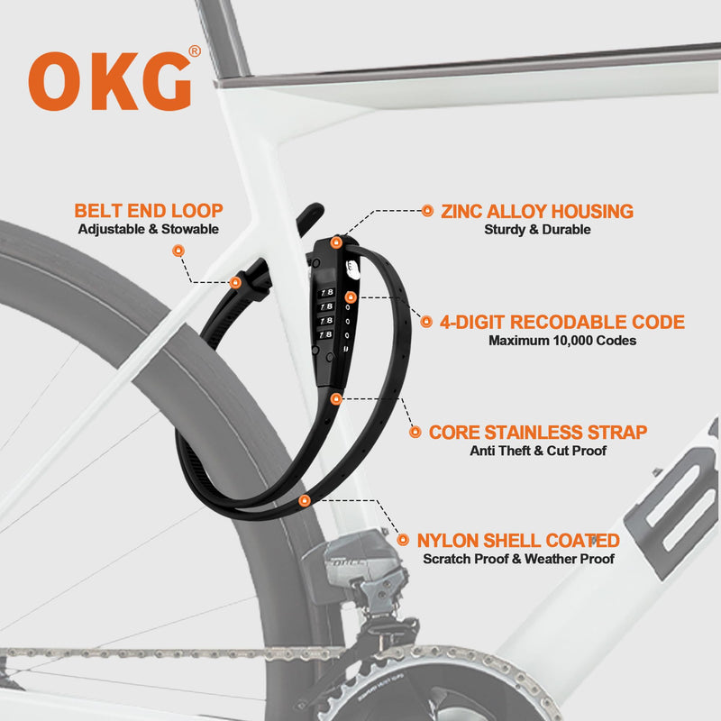 OKG Zip Tie Combination Lock - 2.3 Foot Extended Stainless Steel Adjustable Cable Lock with Anti-Scratch Protection- Secure Bikes, Helmets, Skis, Kayak, Luggage, and Fence Gate Doors (Black)
