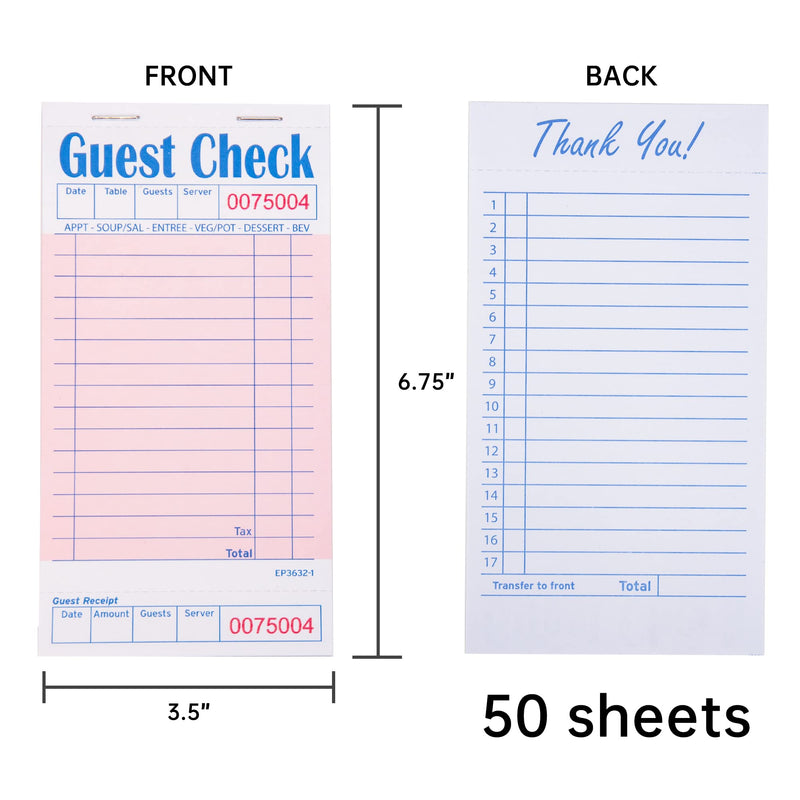 Guest Check Pads EP-3632-1 (10 Pads), Total 500 Pink Waitress Notepad, Server Order Pads 10 Pack--Pink
