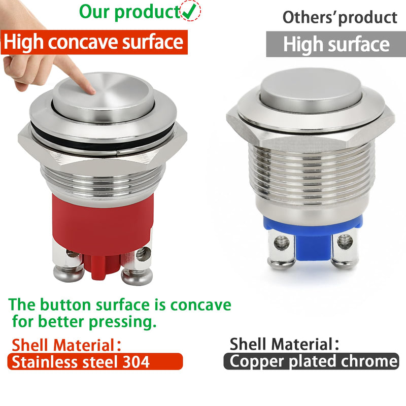 5Pcs IP68 Waterproof, 19mm Momentary Push Button Switch, 5 Amp 316 Stainless Steel, High Top 5V- 250V AC/DC 1NO SPST for Car, Ships or Sea Silver High Round IP68 Waterproof 5Pcs