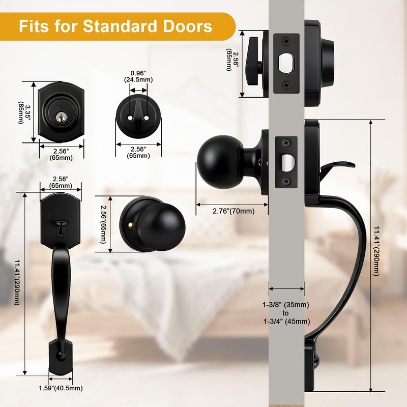 Probrico Matte Black Front Door Handleset, Exterior Door Lock Set with Deadbolt Single Cylinder Front Door Knob and Deadbolt Set, 1 Set