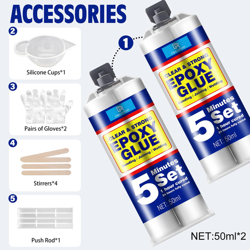 Epoxy Glue 3.4oz - 5 Minute Epoxy Adhesive for Fast Repair - Clear 2 Part Epoxy Glue for Plastic - 1:1 Ratio Super Glue, Fast Cure Repair Glue for Wood, Metal, Plastic, Glass, Ceramic, Fabric