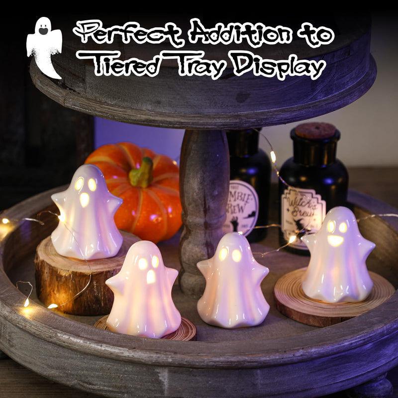 KORMMCO 4PCS Ceramic Ghost Light Up Decor, Cute Ghost Halloween Decor, Small White Ghost Figurine Led Ghost Figurines for Desk Tabletop Centerpieces，Halloween Decoration Indoor
