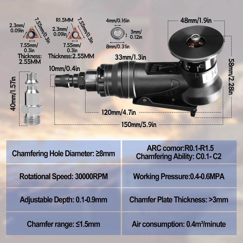 Pneumatic Chamfering Tool Handheld, Mini Air-Powered Chamfering Machine Trimming, 45° Arc Corner with 1/4 Inch Air Inlet for Metal Wood Beveling Deburring (C&R Angle Blades) C&r Angle Blades
