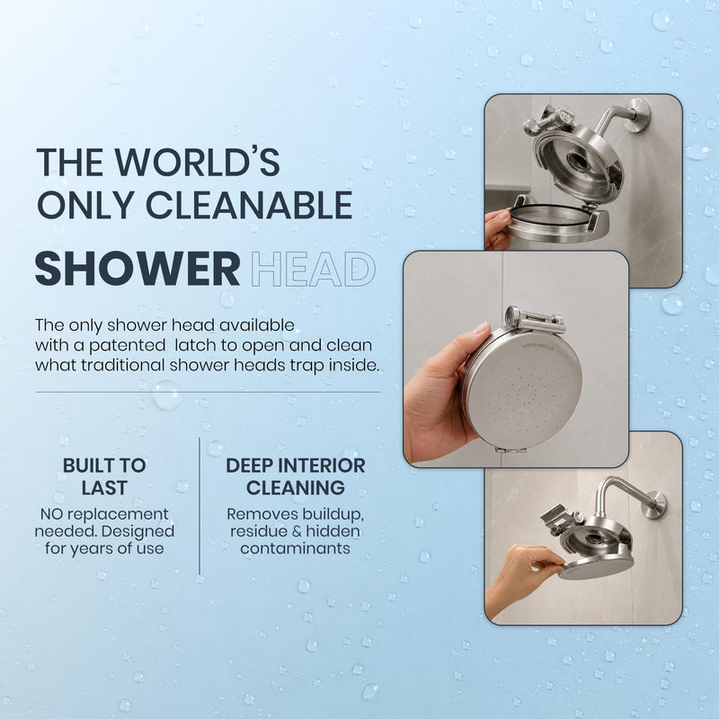 Patented Open Clean Design Shower Head - The World’s Only Cleanable Shower Head to Reduce Moisture & Buildup, High Pressure Flow, Universal Fit - Chrome - 5.5 inches