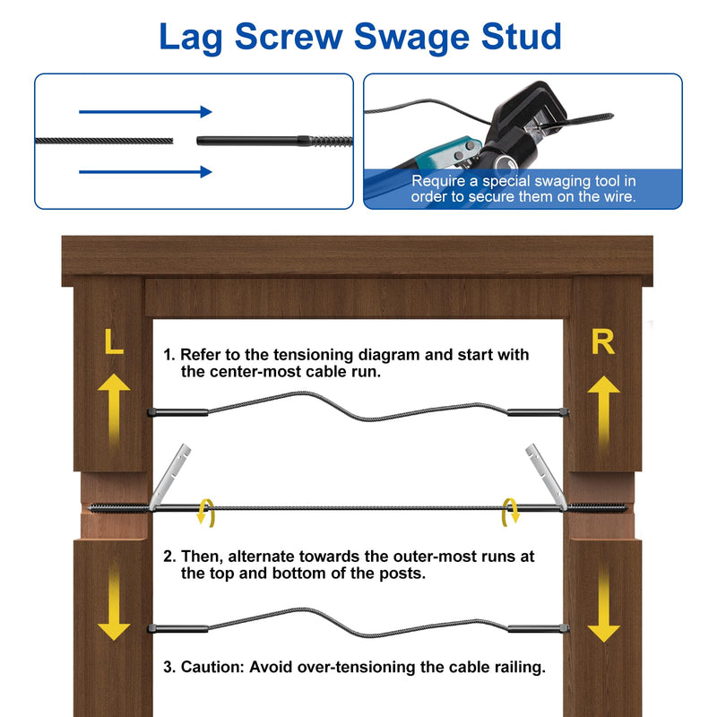 T316 Stainless Steel Swage Lag Screws for Cable Railing, 100 Pack | 1/8" Black Cable Railing Hardware Kit For Wood Posts, Right & Left Handed Thread, Includes Wrench, DIY Wood Baluster, MY035