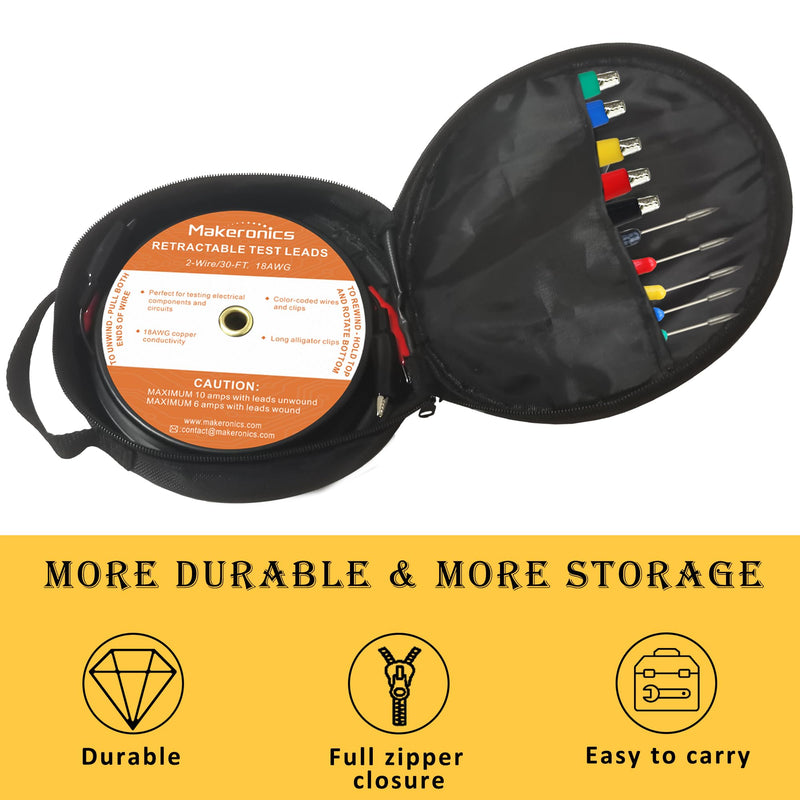 Makeronics 2 Wires 30FT 18AWG Retractable Test Leads with Cable Bag Dual Ended Electrical Alligator Clips Test Probe Lead Wire Cables for Circuit Connection/Electrical Testing and Troubleshooting