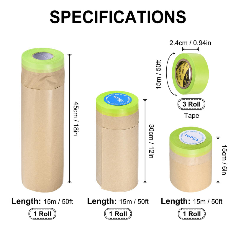 Masking Paper Tape, Mixed Size Pre-Taped Masking Paper 6Pcs
