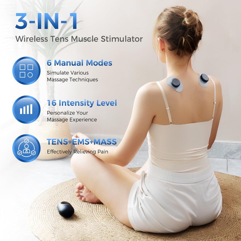 KingPavonini Wireless TENS Unit, Muscle Stimulator for Pain Relief, Portable Rechargable TENS EMS Machine, LED Screen, Remote, Dual Channel 6 Modes 16 Intensity Massager, Charging Case (4 Pads) Blue