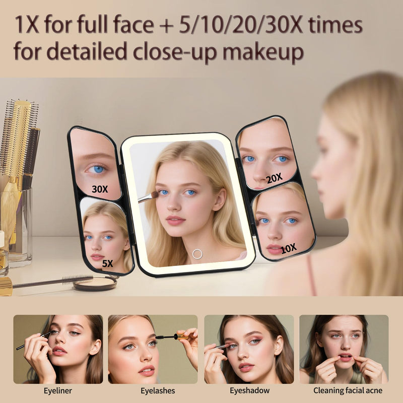5-in-1 Led Vanity Makeup Mirror,1X Full Face & 5x/10x/20x/30x Times Magnification for Close-up Makeup, Compact Travel Magnifying Mirror with Light, Trifold Mirrors with Stand (Cool Black) Cool Black
