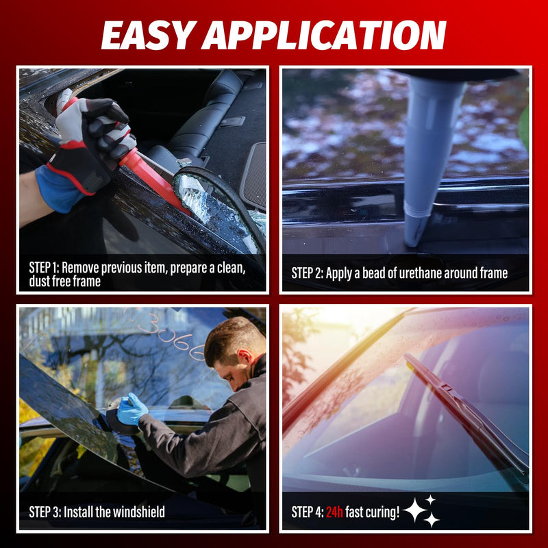 Polyurethane Windshield Adhesive, Fast Cure & Weather Resistant Windshield Sealant, High Bond Strength & Non-Sag Fit Vertical Application, Kit with Gloves, Tip Applicator & Adhesive, 310ml (Black)